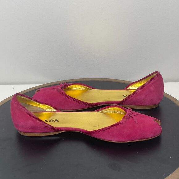 Prada Peep Toe Ballet Flats Women US 7.5 Pink Suede Bow Made in Italy 37.5 - Picture 7 of 11